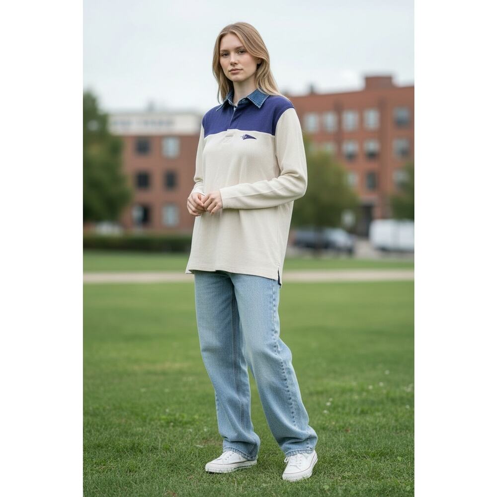 1990's- Y2K Vintage long sleeve color block rugby polo shirt with denim collar